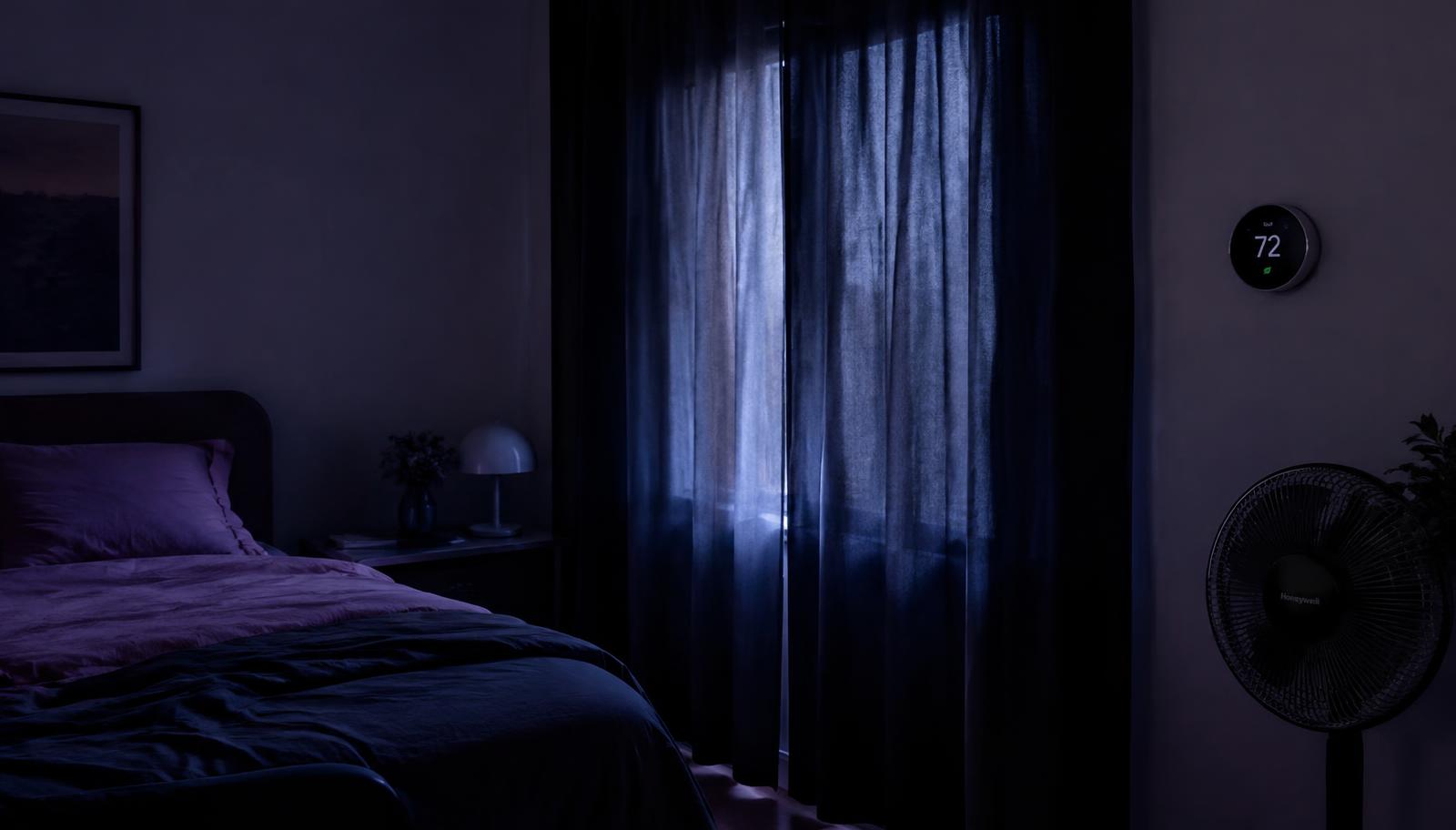 A cool, dark bedroom with blackout curtains drawn against evening light