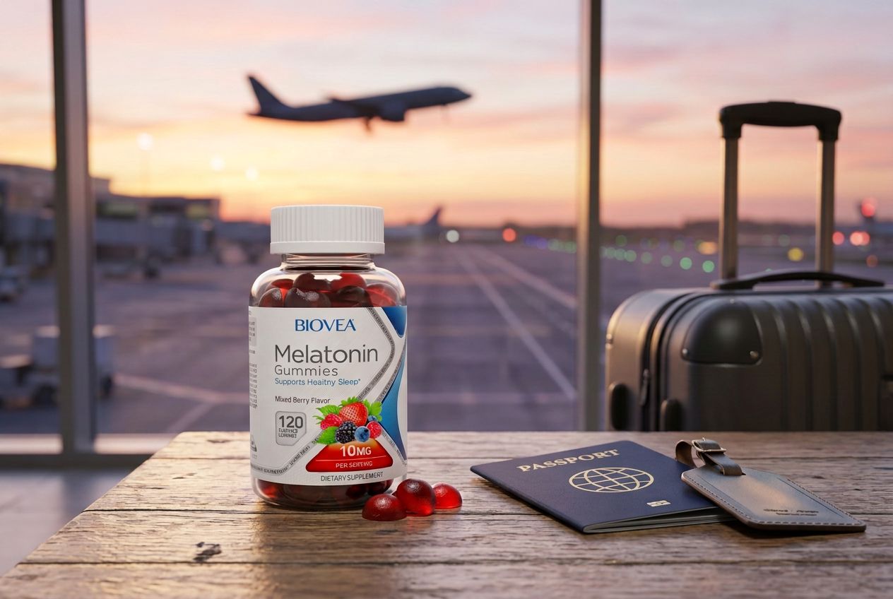 BIOVEA Melatonin Gummies bottle beside a passport and suitcase at an airport window