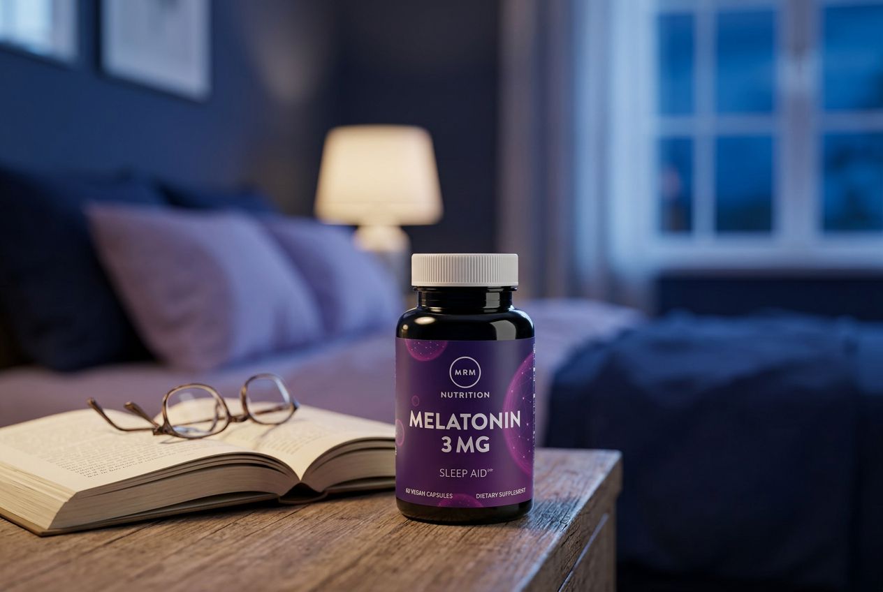 MRM Nutrition Melatonin 3 mg bottle beside an open book and glasses on a bedside table