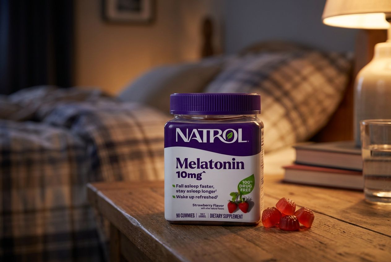 Natrol Melatonin 10mg strawberry gummies jar on a wooden bedside table in a lamp-lit bedroom