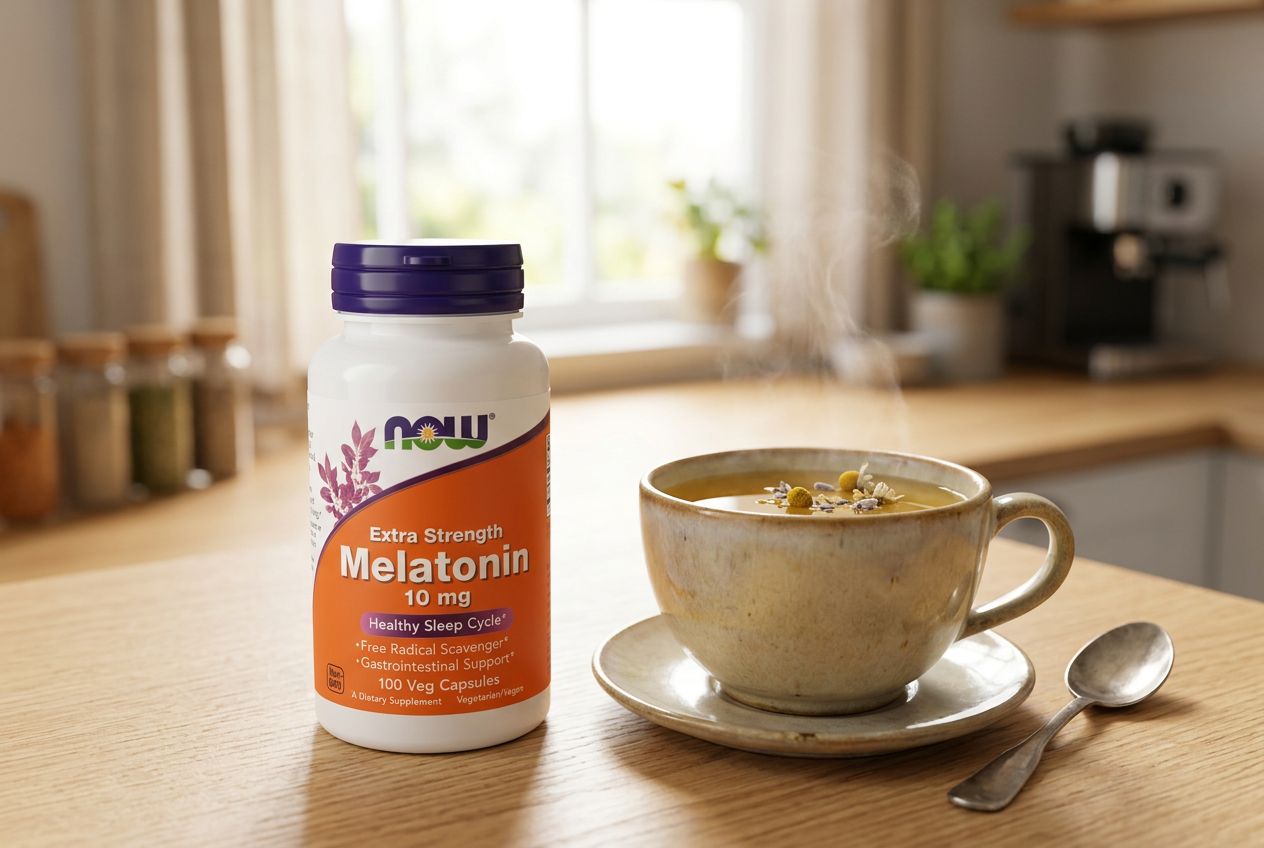 NOW Extra Strength Melatonin 10 mg bottle beside a cup of herbal tea on a kitchen worktop
