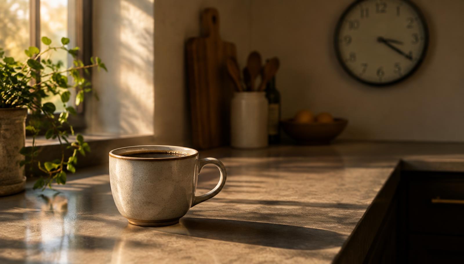 A cup of coffee on a desk in the afternoon light