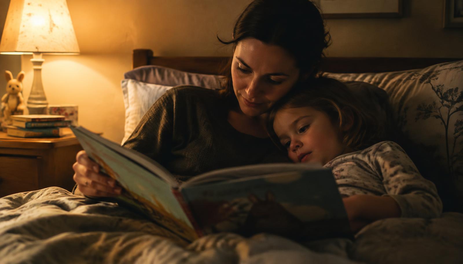 A parent reading a bedtime story to a child in a softly lit bedroom