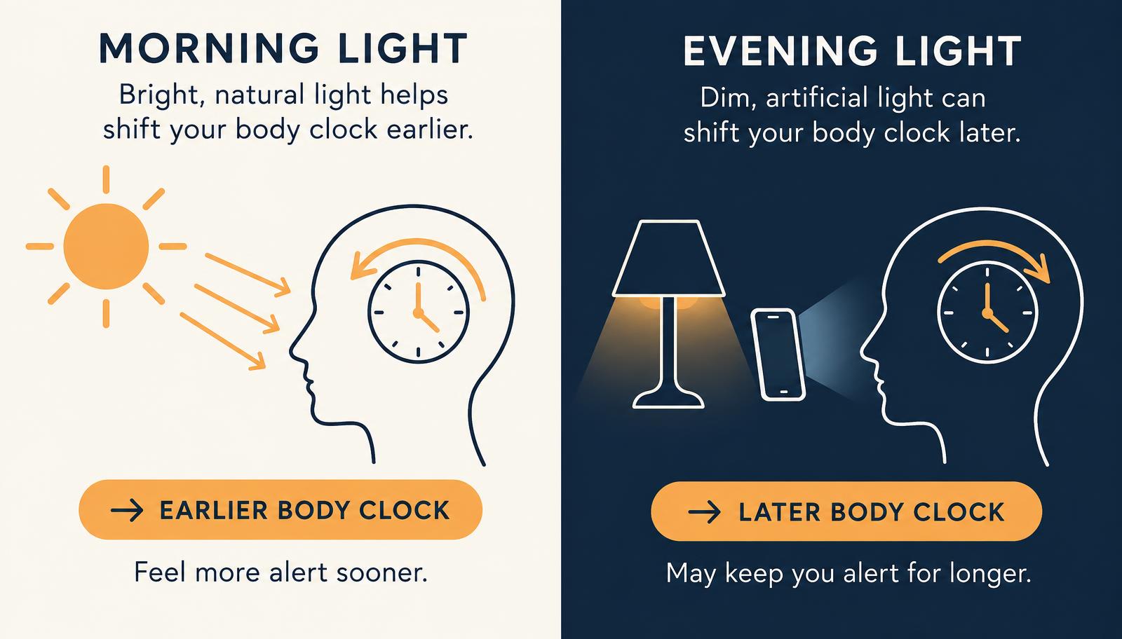 Illustration comparing bright morning light suppressing melatonin with dim evening light allowing it to rise