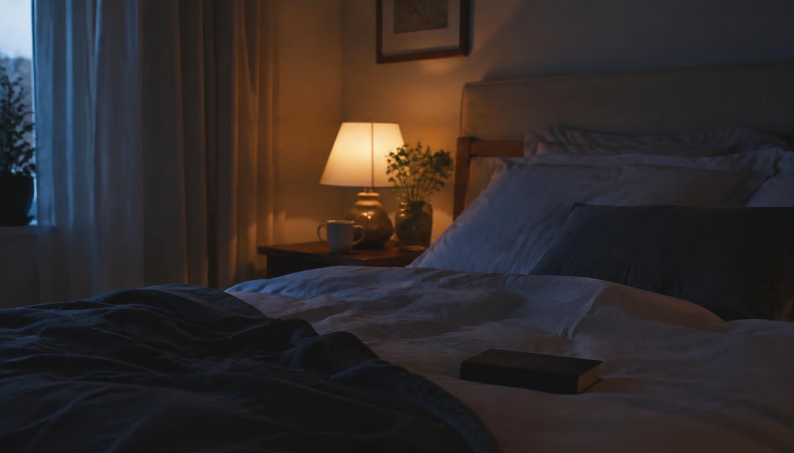 A softly lit bedside lamp beside a book in the evening