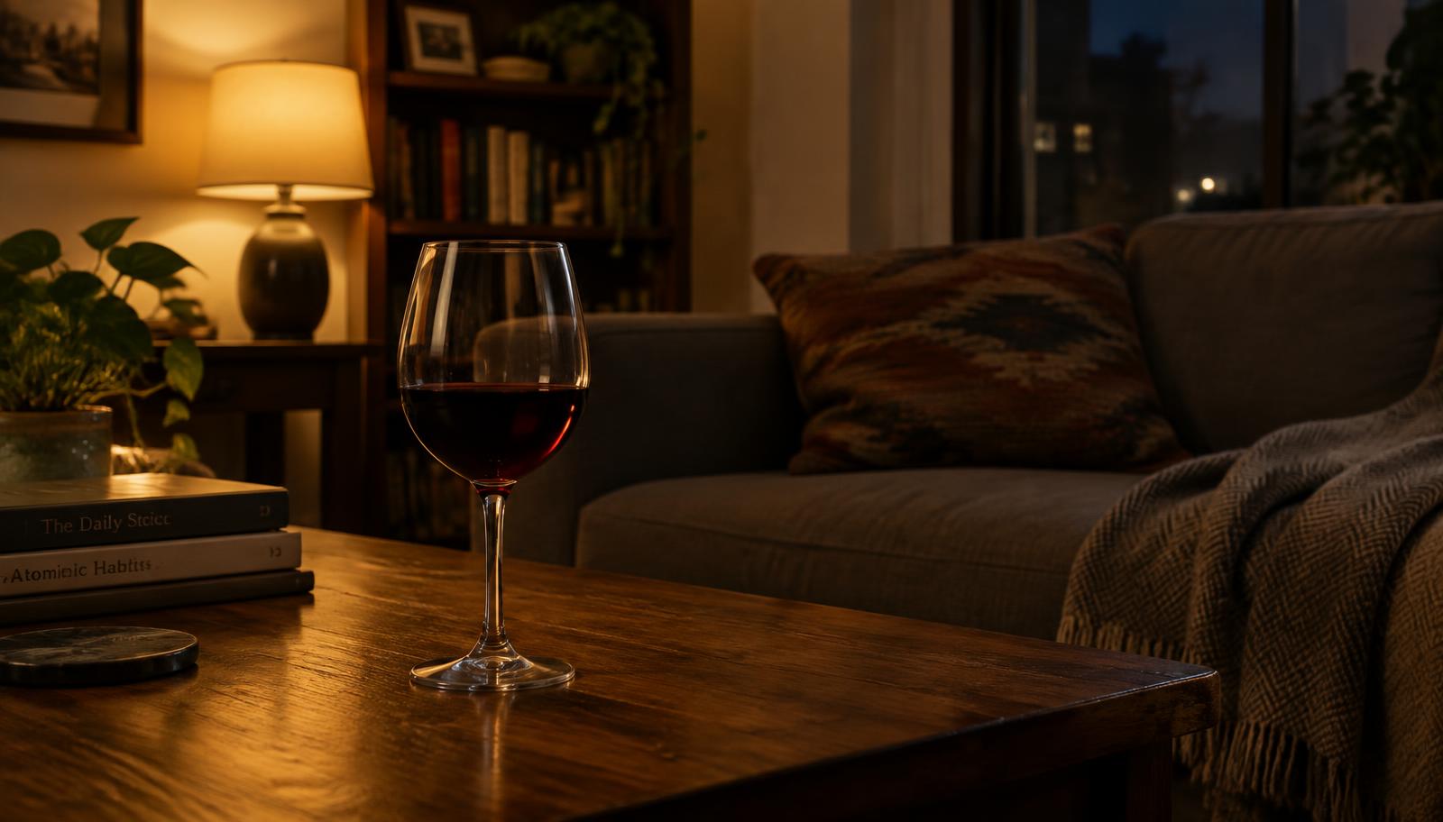 A glass of red wine on a table in the evening