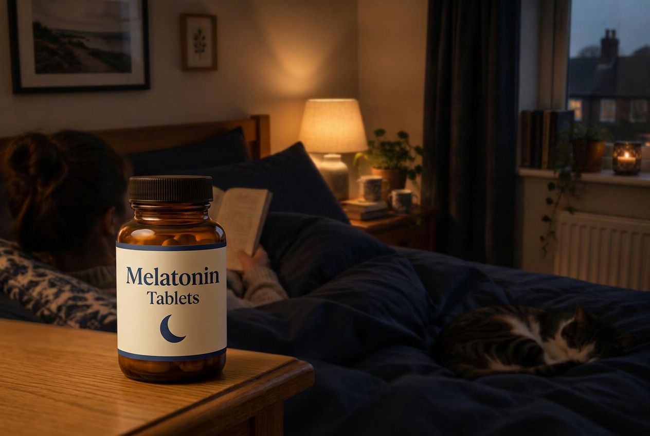Woman reading a book in bed by a warm lamp, a cat asleep on the duvet