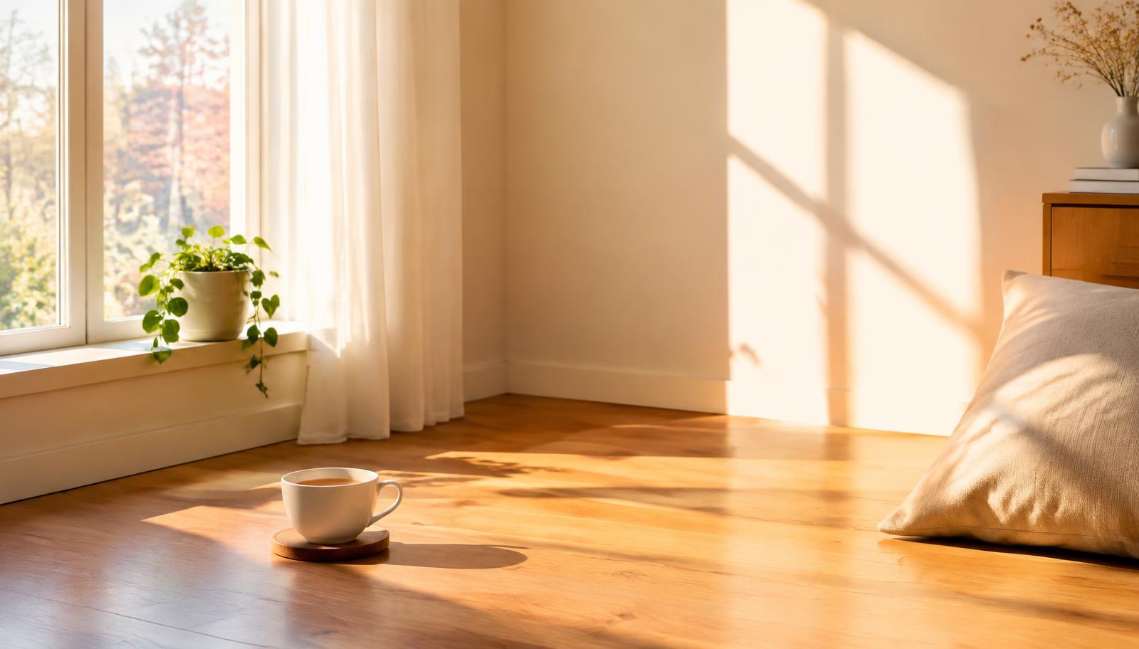 Soft morning daylight streaming through a bedroom window onto an unmade bed