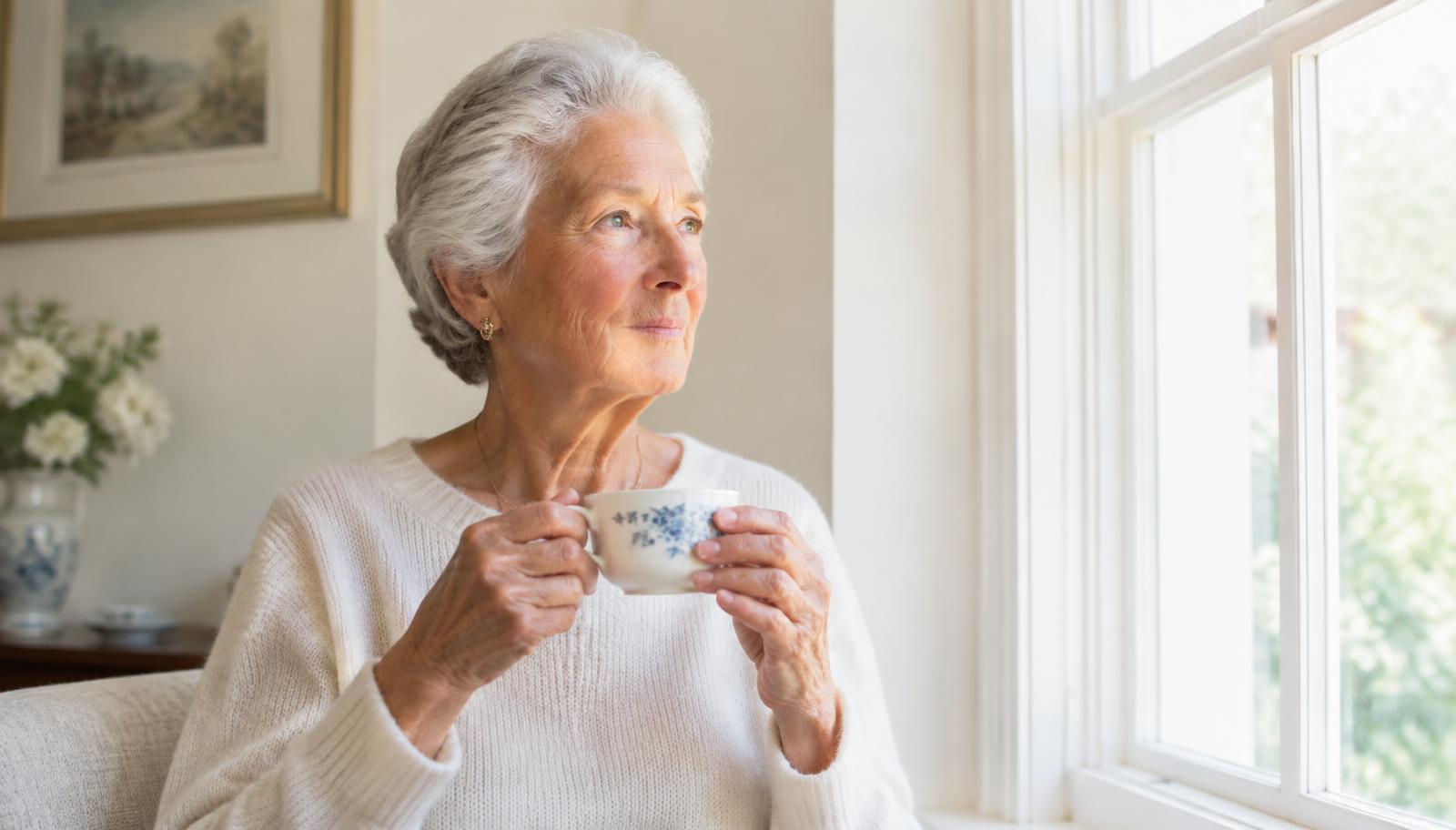 An older adult sitting by a bright window in the morning with a cup of tea