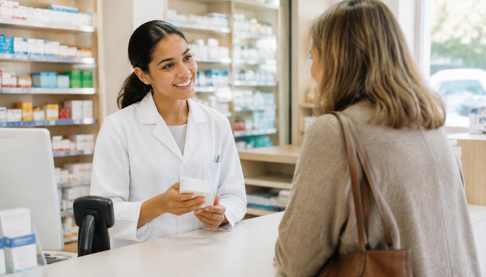 A pharmacist speaking with a customer at a pharmacy counter