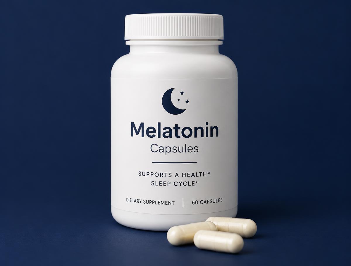 Bottle of melatonin capsules with capsules beside it