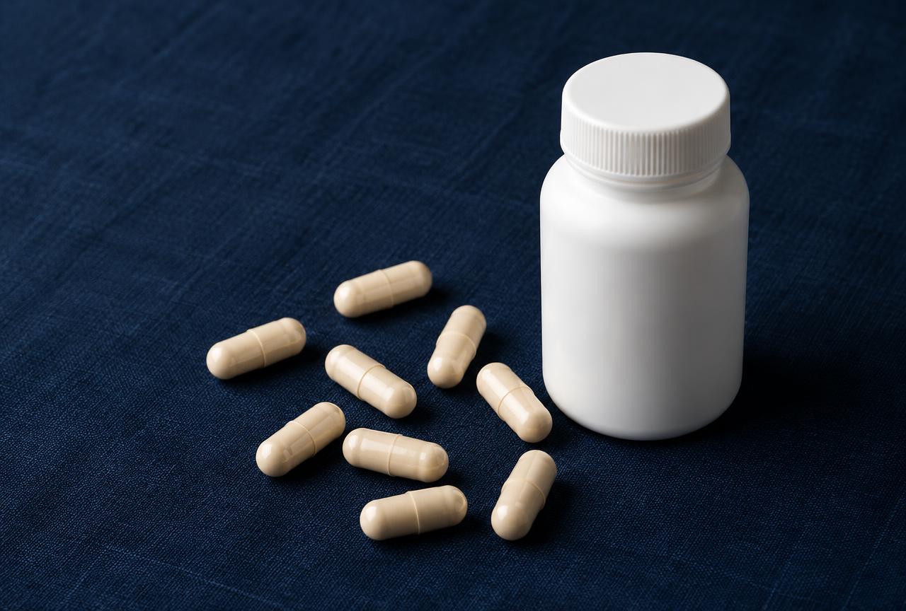 Cream two-piece capsules scattered beside a white bottle on navy linen