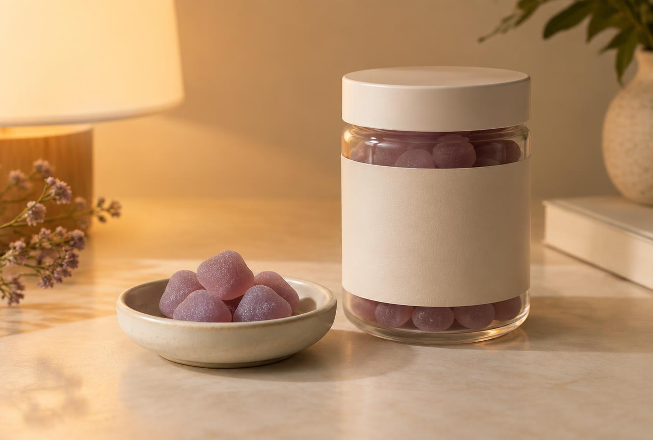Lavender-coloured gummies in a ceramic dish beside a jar under a warm lamp