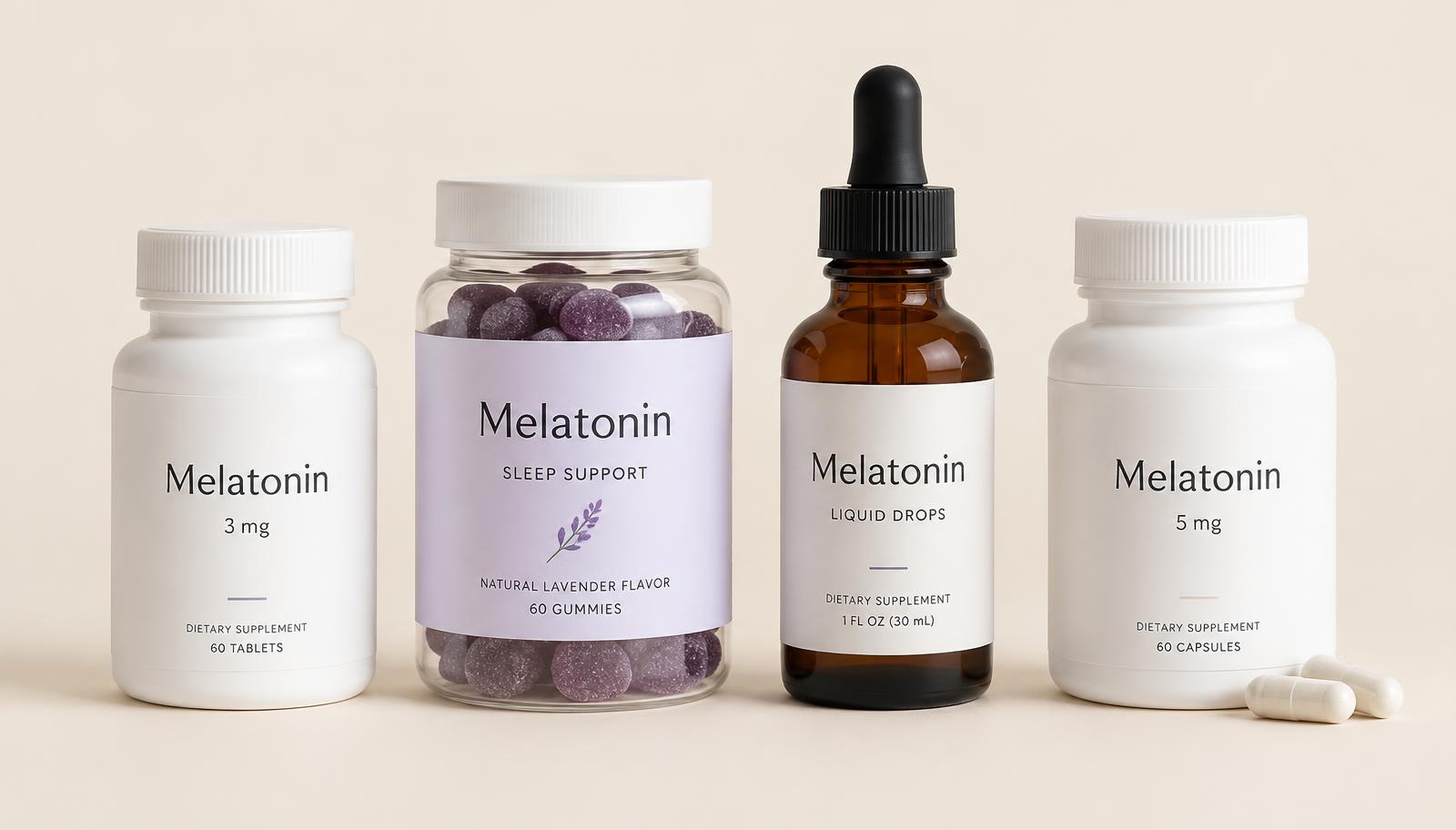Melatonin tablets, capsules, gummies and a liquid dropper bottle arranged together