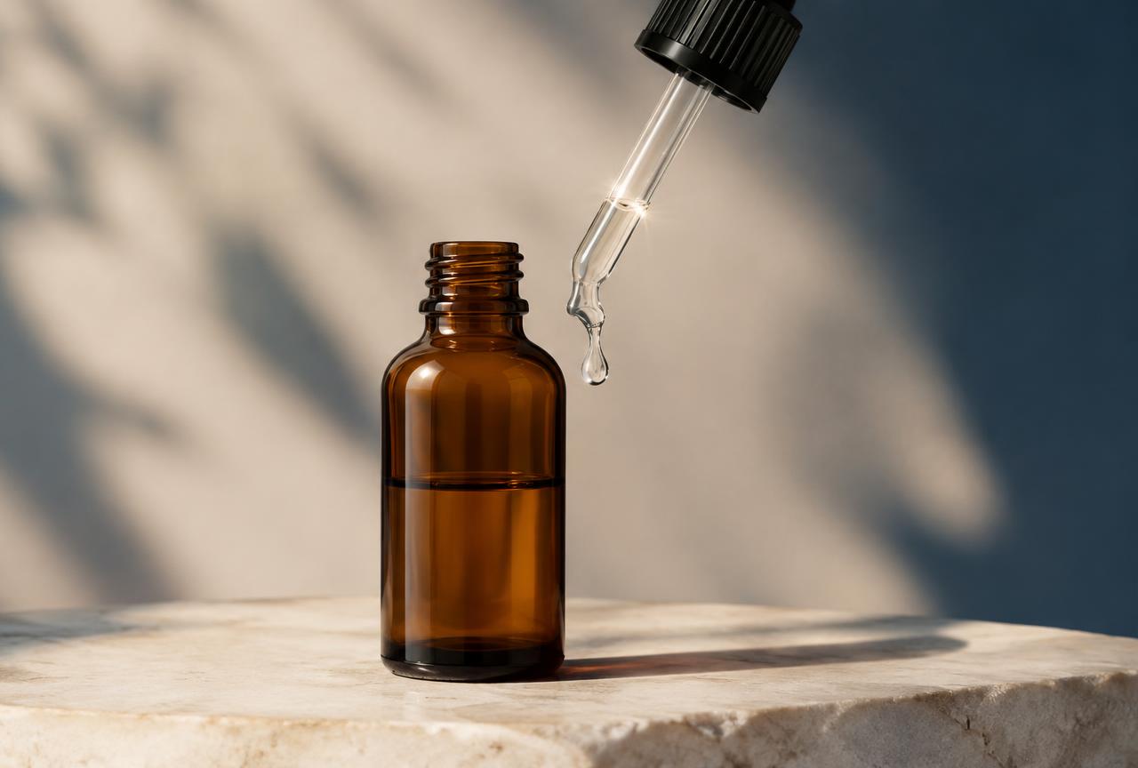 Amber dropper bottle with a single clear drop falling from the pipette