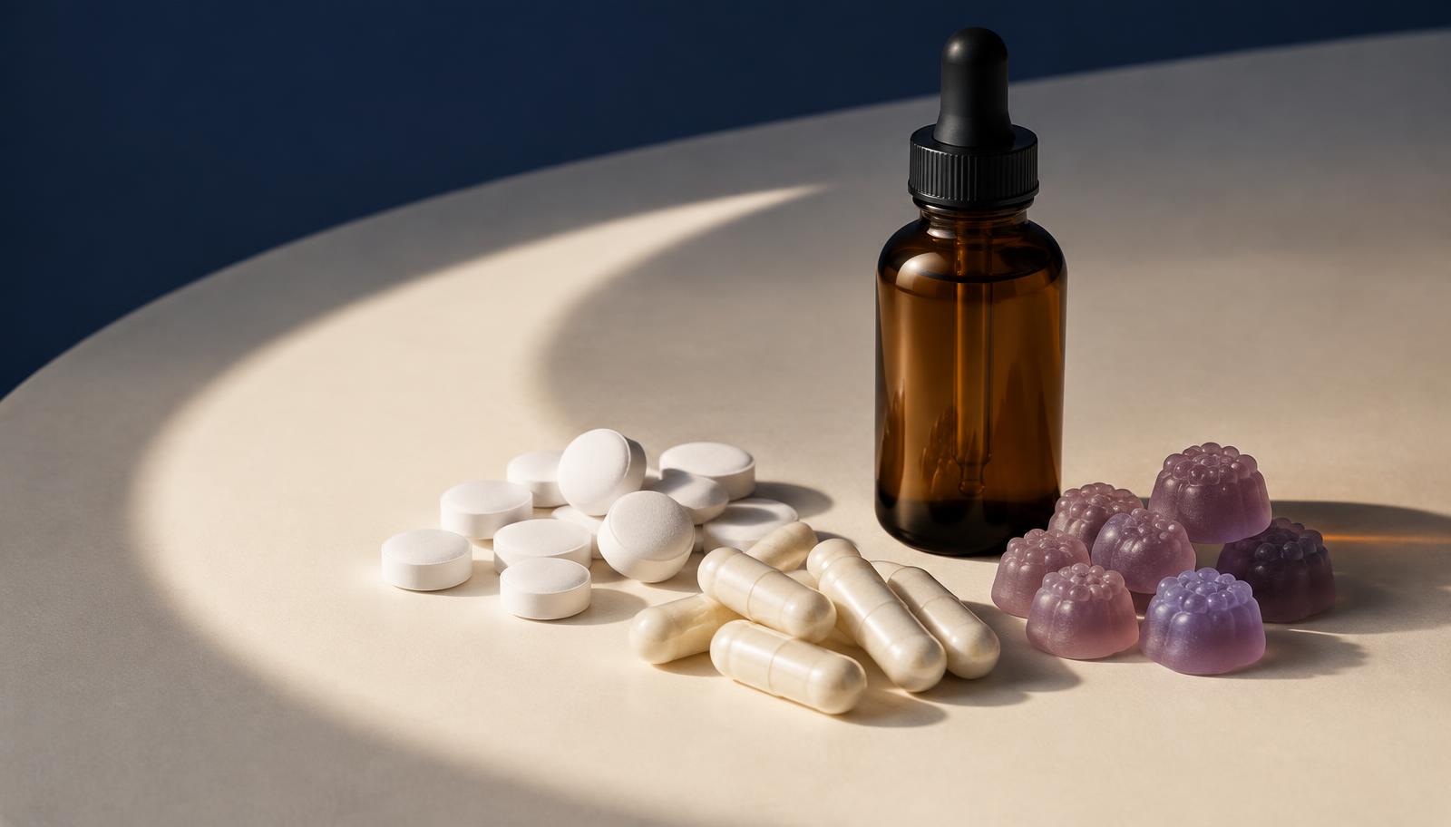 Melatonin tablets, capsules, gummies and a liquid dropper bottle together