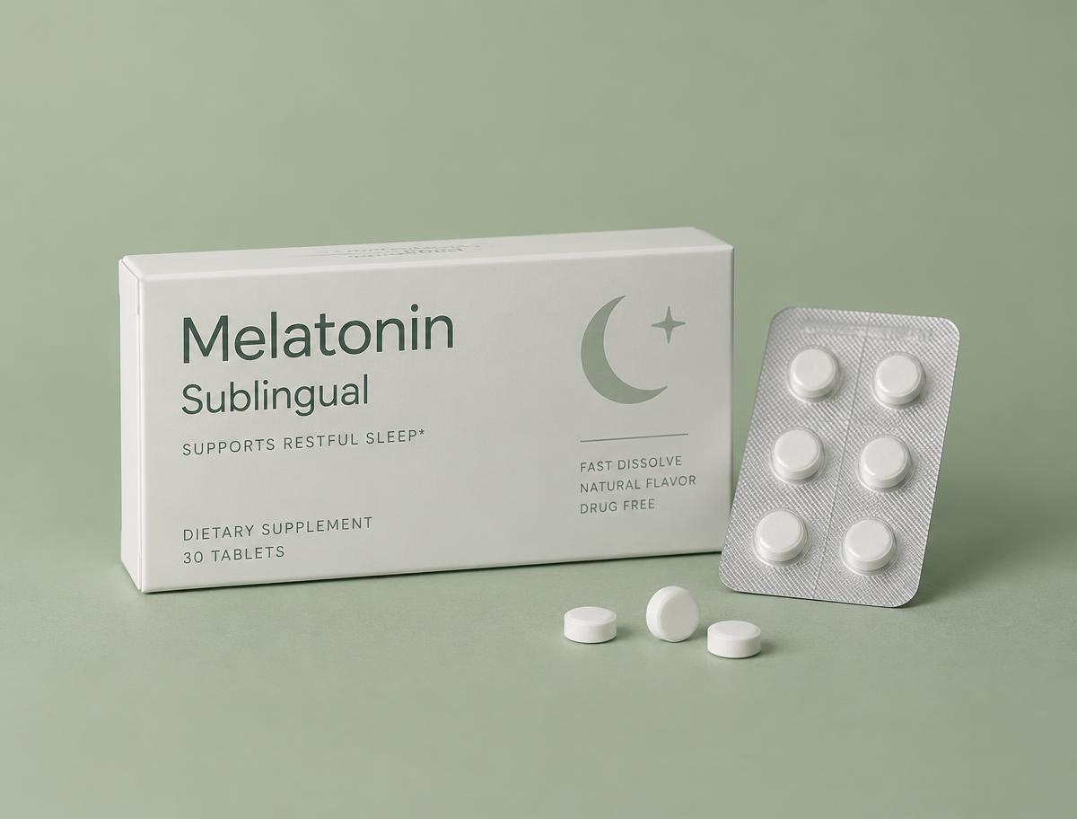 Box and blister pack of sublingual melatonin tablets on a sage green background