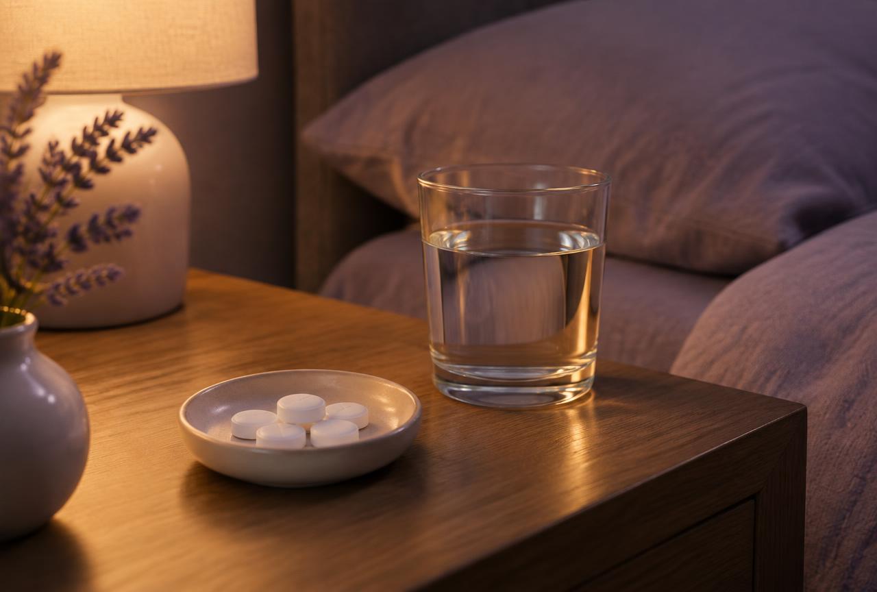 Small round dissolving tablets in a dish beside a glass of water on a bedside table