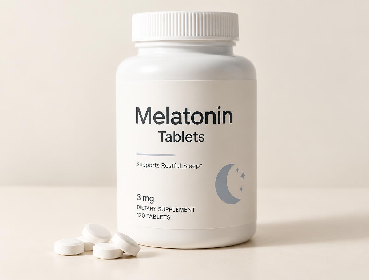 Bottle of melatonin tablets with tablets in front