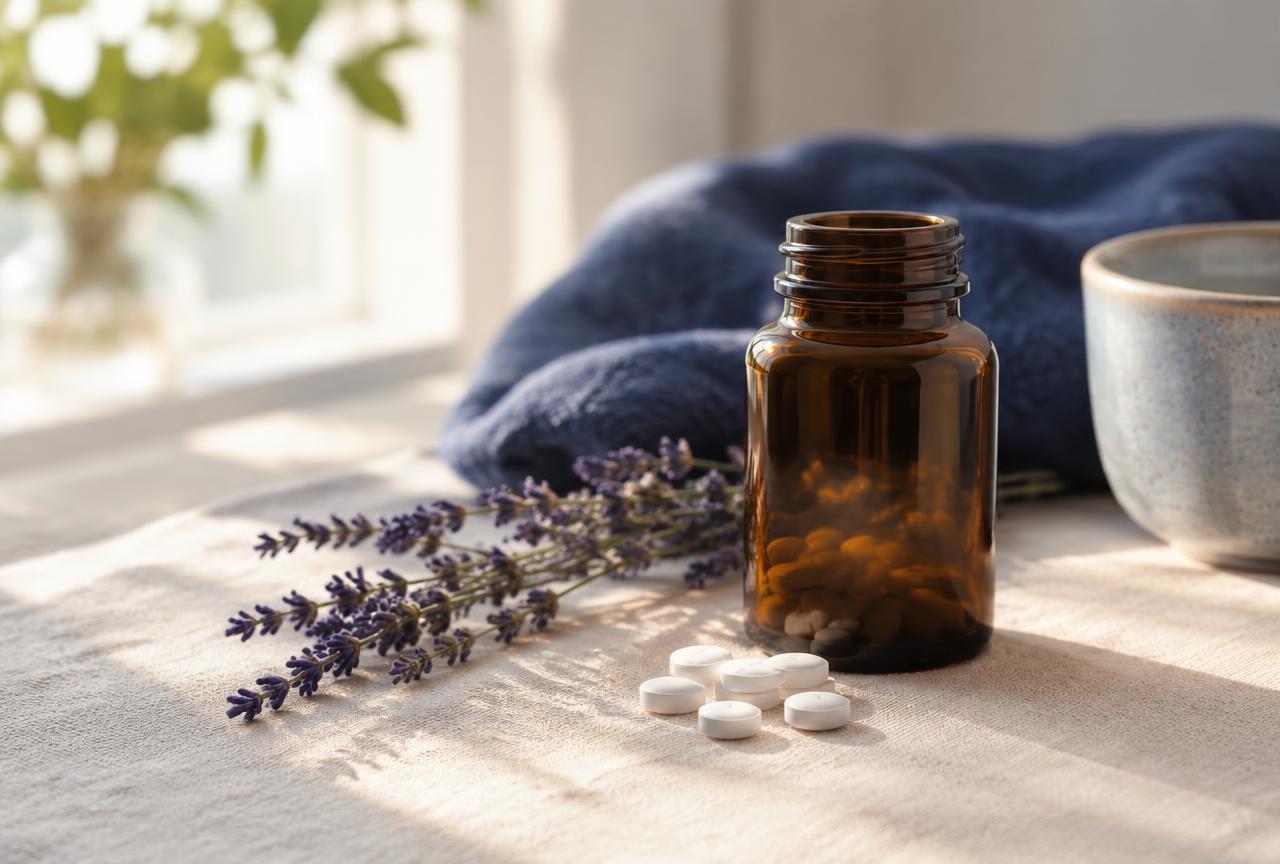 Small white tablets beside an amber glass bottle on linen in morning light