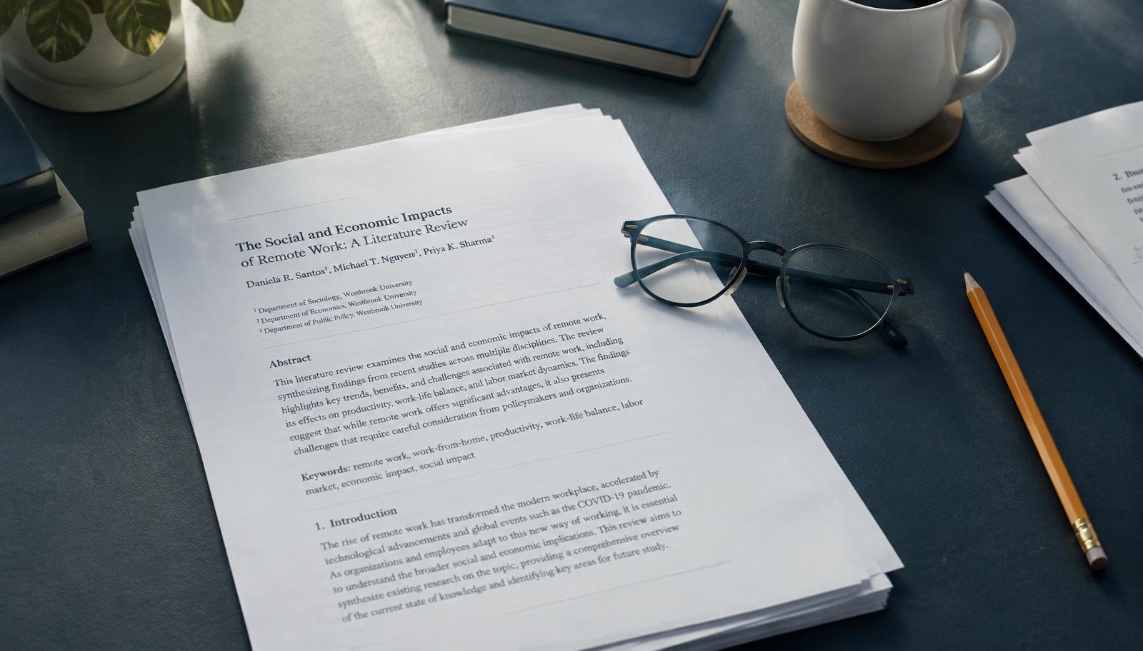 Printed research papers, reading glasses and a pencil on a desk in daylight