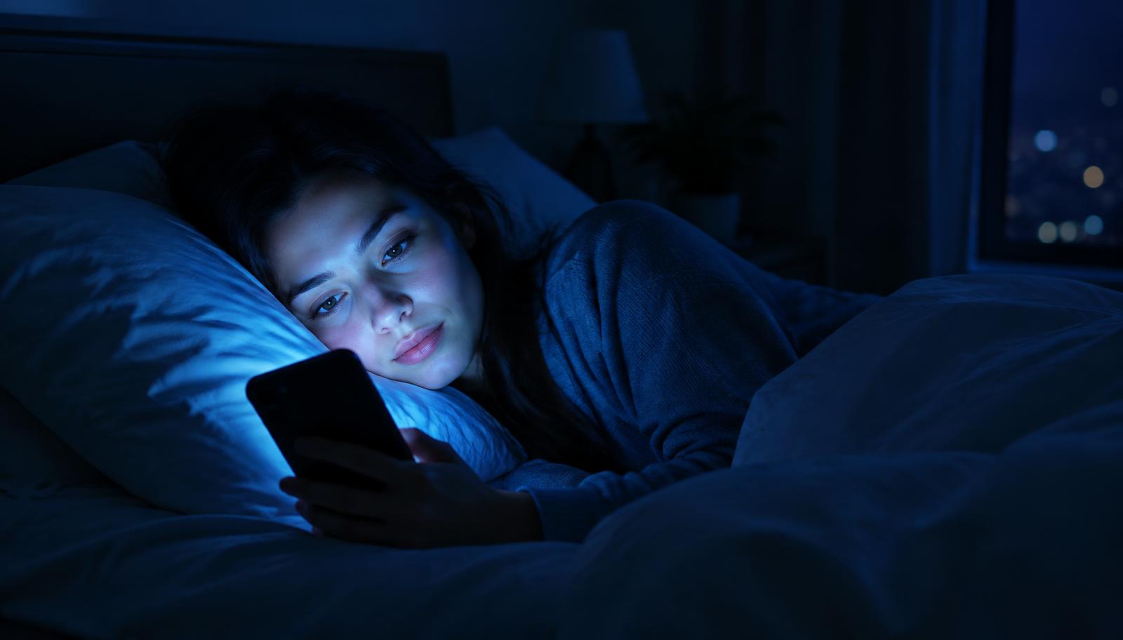 A phone screen glowing in a dimly lit bedroom at night