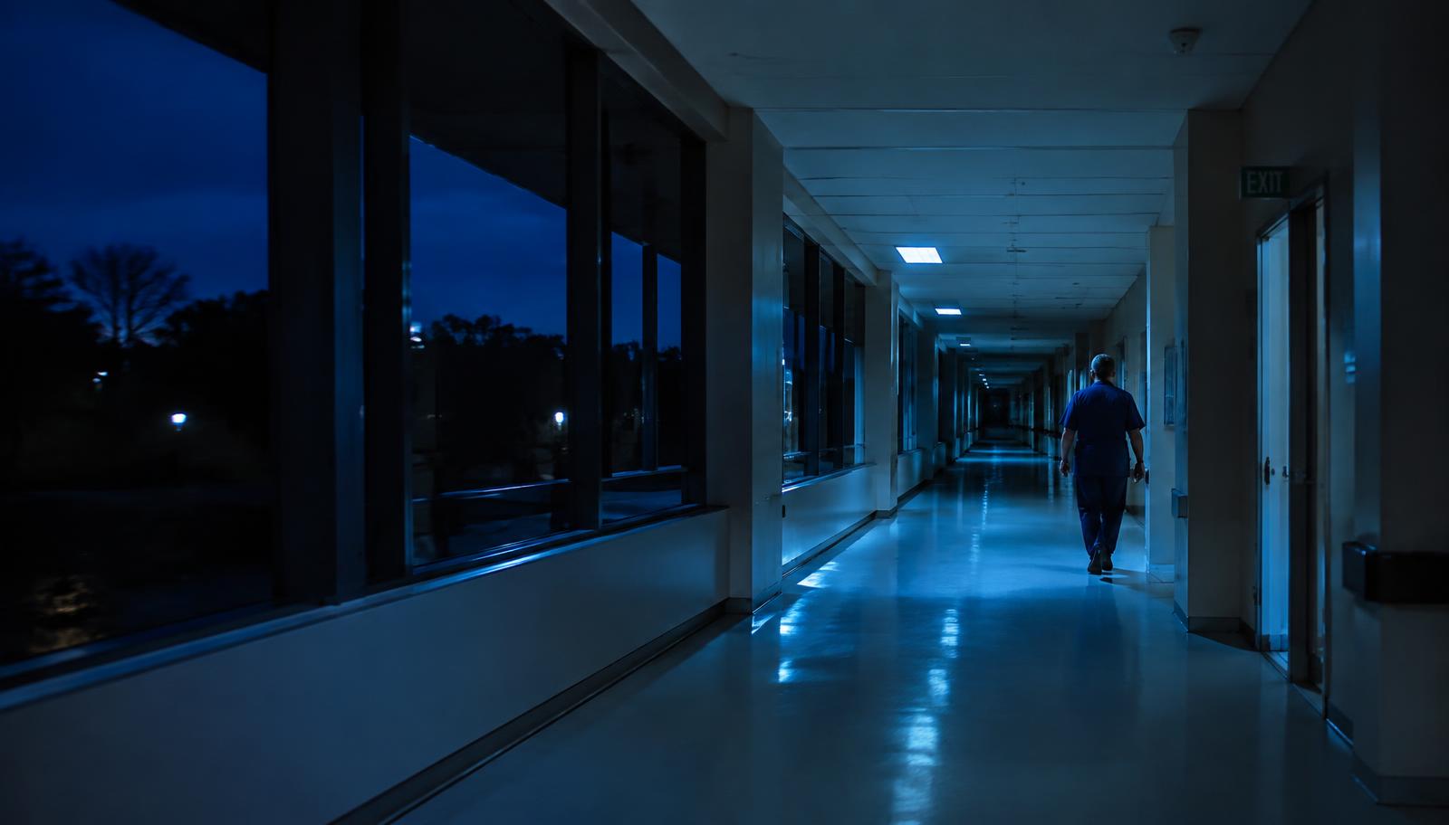 A worker on a night shift in a dimly lit workplace with a clock showing the early hours