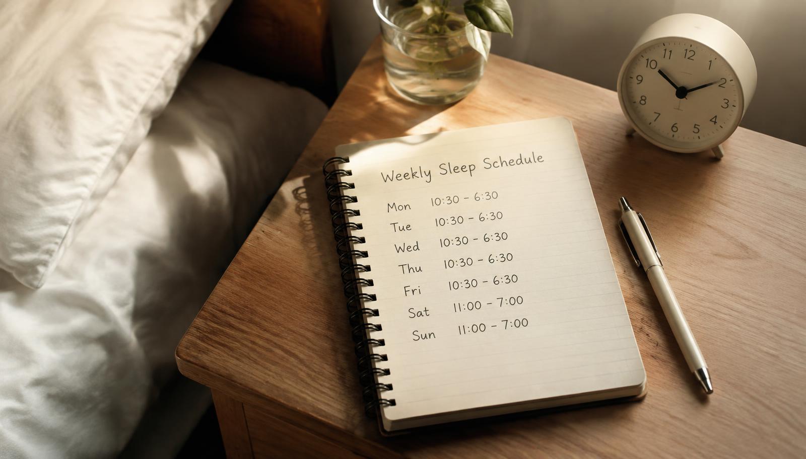 A notebook with a handwritten weekly sleep schedule beside an alarm clock