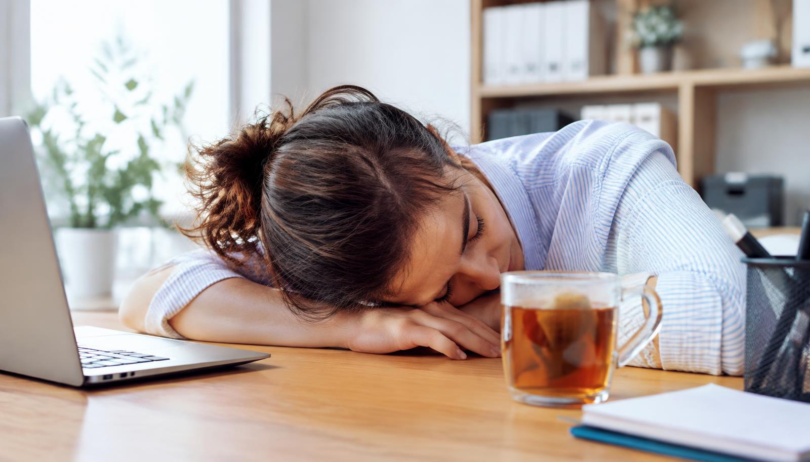 A person resting their head on a desk in daylight, visibly tired